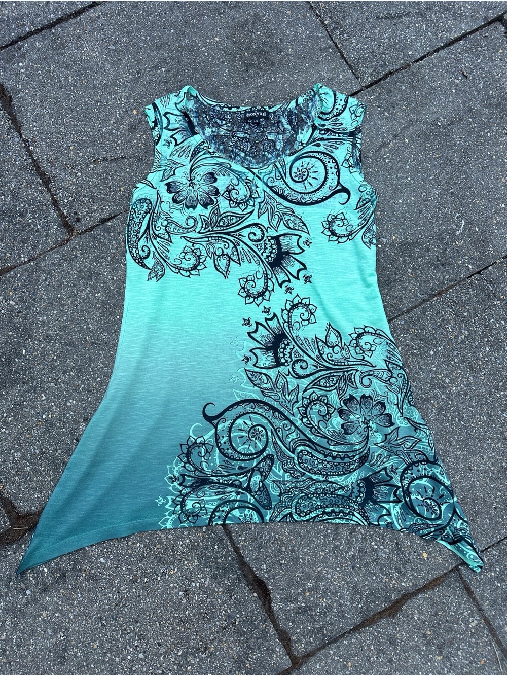 Onyx Teal Ombre Floral Paisley Asymmetrical Hanky Hem Tunic Top - Size L